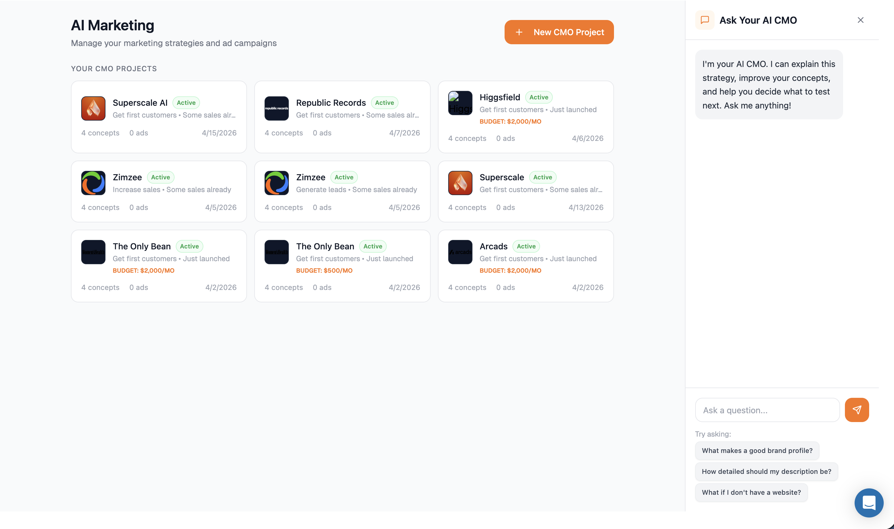 AI Marketing dashboard showing CMO projects for multiple brands with Ask Your AI CMO chat panel