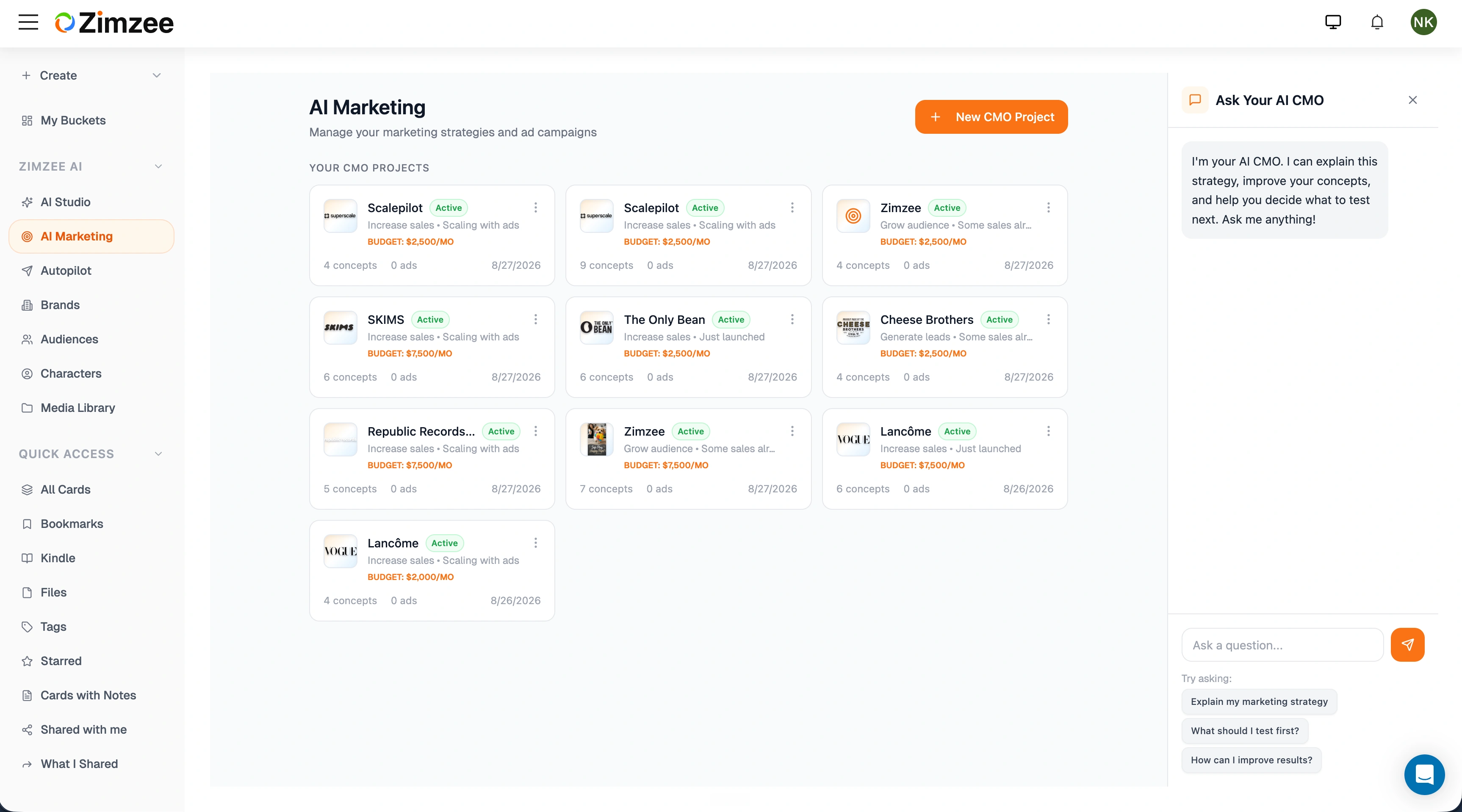 AI Marketing dashboard showing CMO projects for multiple brands with Ask Your AI CMO chat panel