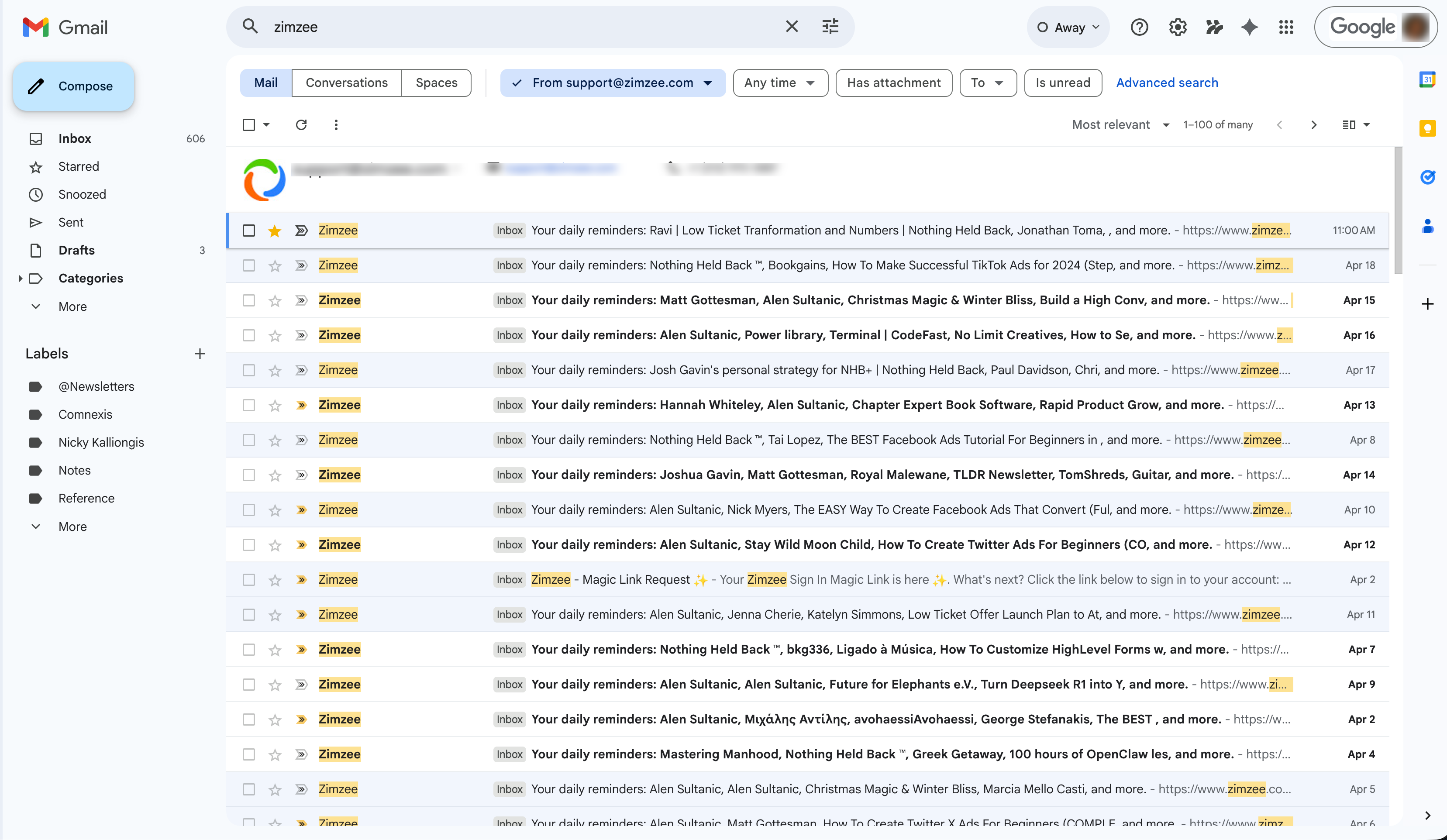 Gmail inbox showing multiple Zimzee daily reminder emails arriving automatically