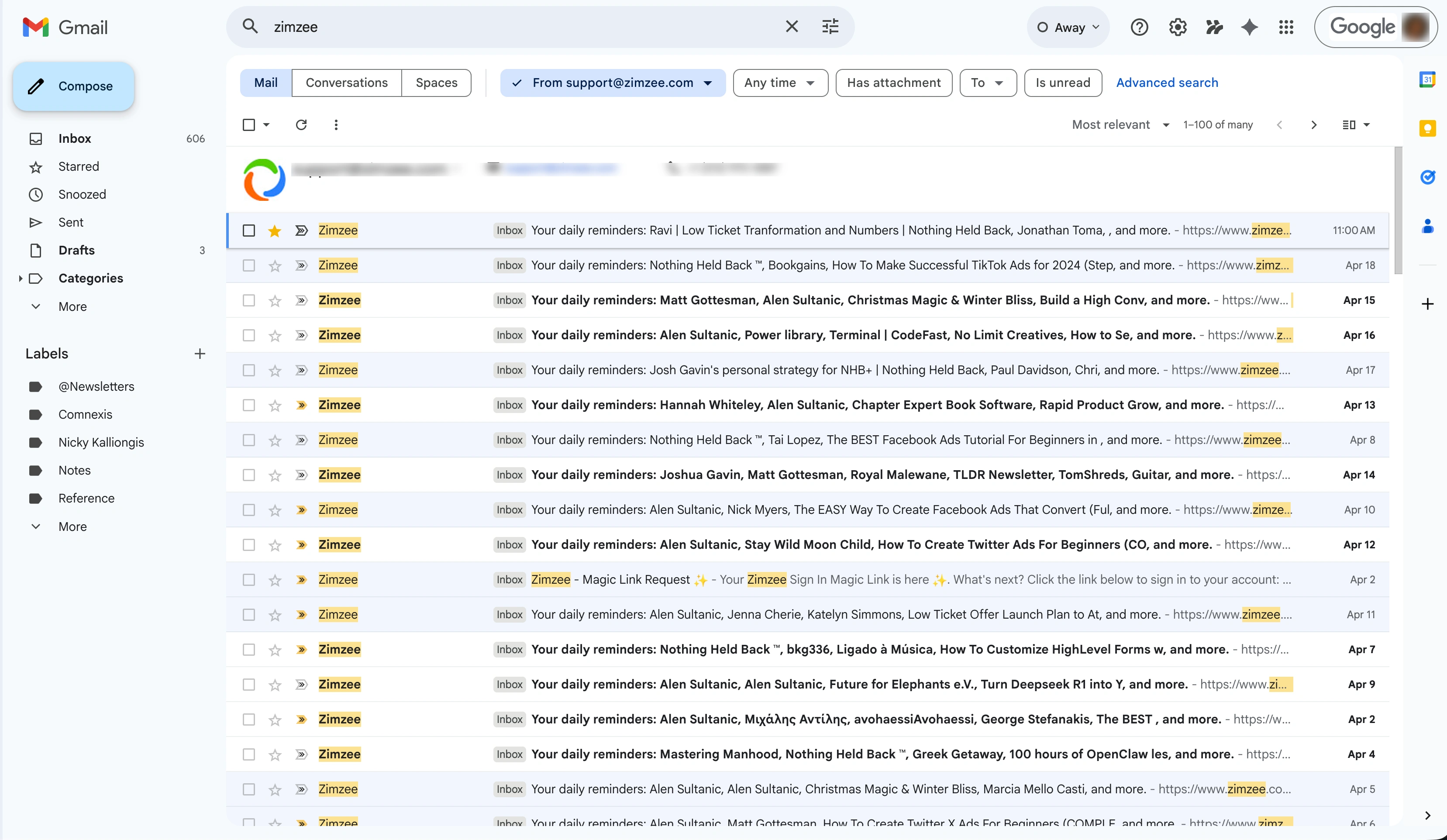 Gmail inbox showing multiple Zimzee daily reminder emails arriving automatically