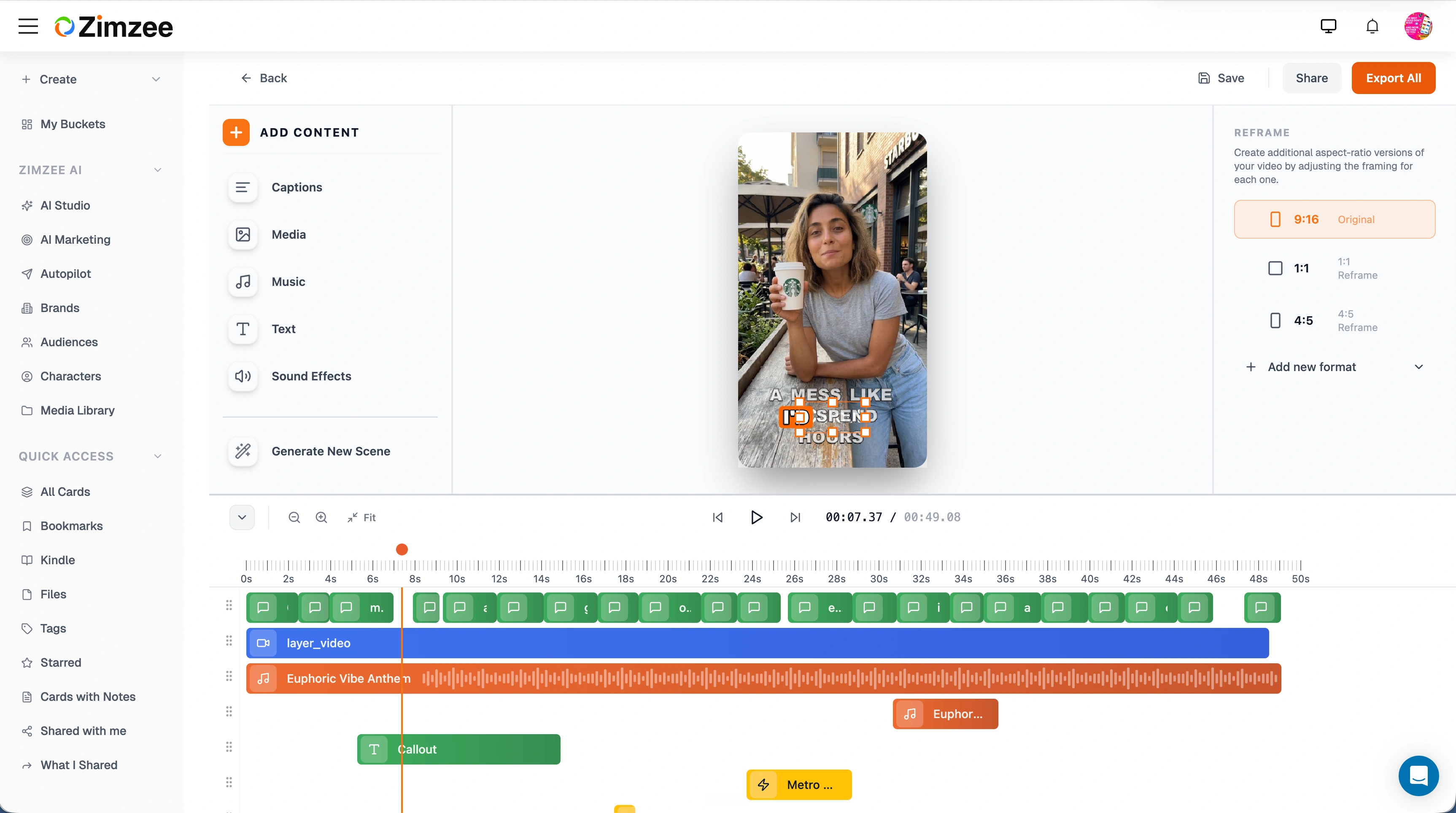 Zimzee UGC Video Editor showing timeline editing interface with captions, music tracks, and a vertical video preview
